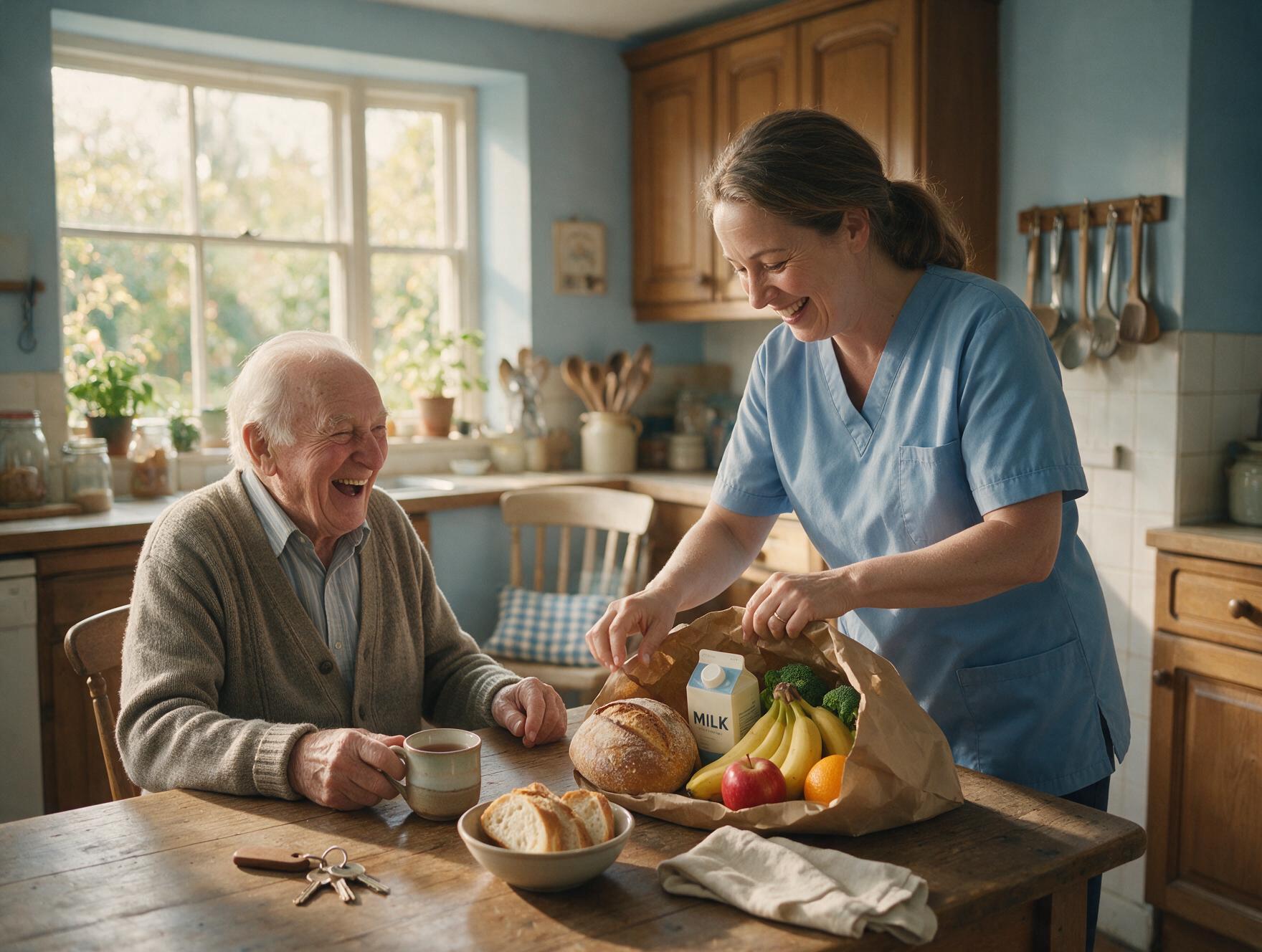 An older man laughing over a cup of tea at his kitchen table while an ElderlyAssist assistant unpacks his grocery shopping.