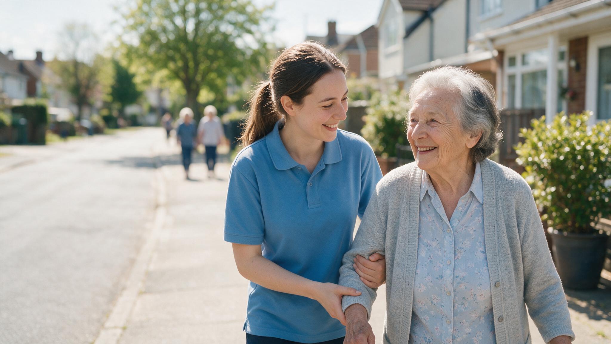 An ElderlyAssist care assistant gently supporting an older woman's arm as they walk together along a sunny pavement.